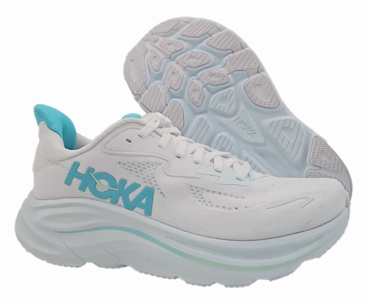 HOKA Clifton 10 Wide Womens Shoes Size 7.5, Color: White/Cielo Blue